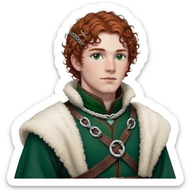 Medieval winter outfit worn by a DnD themed fantasy male character. Rich brown leather-trimmed wool tunic with sheepskin lining, featuring intricate metal buckles at the collar, paired with a heavy braided belt. Clothes only above the waist, full waist coverage. The character has no arms. Character is white-skinned with auburn hair, emerald green eyes, and short curly hair beneath a light dusting of snow. sticker