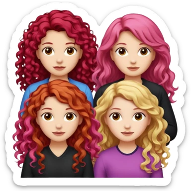 5 girls, one curly redhead, one with brunette dyed blonde hair, one long haired wavy brunette, one mid-length haired brunette, and one black haired girl with partially dyed bright red/pink hair sticker