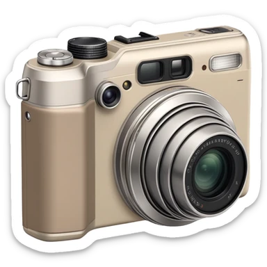 Minimalist Olympus Superzoom 70G camera from side angle, grayish-beige color, simplified profile showing characteristic silhouette with very few details sticker