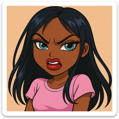 Change her expression to angry, keep her as a 20-year-old anime Bratz style woman with dark skin, dark hair, bold colorful fashion-forward look, big expressive eyes, and glossy lips. Maintain the anime Bratz style and the original look except for the angry expression. sticker