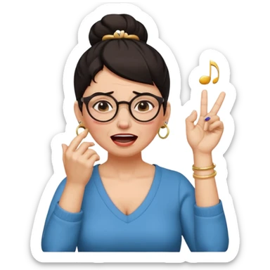  middle aged woman with dark hair pulled up in a high bun, wearing round ring earrings and glasses with a very painful expression on her face, eyes squeeed shut, wincing in pain, sticking her fingers in her ears trying to not hear a terrible singer who is too loud and out of tune.  sticker