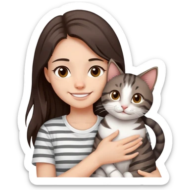 a girl with long dark brown hair, in a
white T-shirt and brown eyes, smile, hugs a tabby
dark grey and white strips one cat sticker