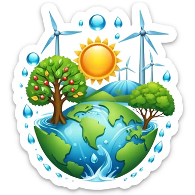 An icon featuring a green Earth, a tree, recycling symbols, and renewable energy sources like wind turbines, solar panels, and hydropower. The design includes animals, water droplets, and the sun, representing ecology, sustainable energy, and environmental protection. Transparent background. sticker