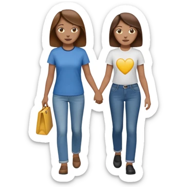 based on emoji style, two people walking together. one is brown-haired woman, wearing business casual,  Another one is a non-binary person, wearing t shirt and jeans, and the second person doesn't have anything on their hands. sticker