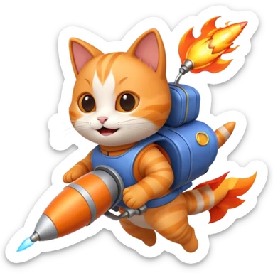 cute cat flying with a rocket pack on its back, rocket flames, happy face, 3D cartoon, mobile game icon style, clean background, no text, no watermark
 sticker