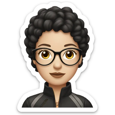a white - skinned girl wearing round rosegold glasses, layer blackhair ride a race car and be stylish sticker