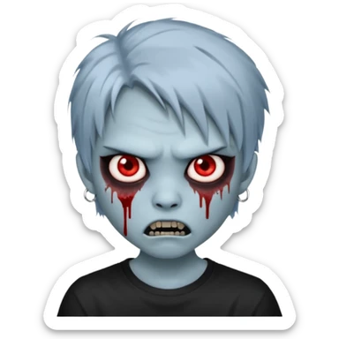 3D emoji-style avatar with very pale blue-grey zombie skin , a young Asian face, and large eyes with blood tears. Give it white litle bit messy mullet hair style , silver hoop earrings, and a plain black T-shirt. The face expression should be slightly angry, with vampire fang sticker