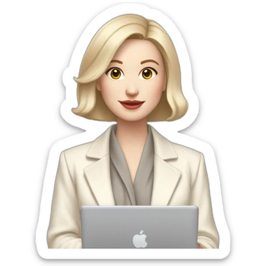 pale skin woman with ash blonde Straightened bob Hair, White Spacious classical jacket, beige palazzo Arrow pants and gray blouse holding a MacBook in the hands sticker