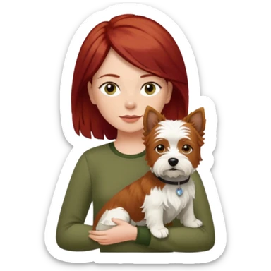 Westhighland white terrier dog being held by woman with dark shoulder length red hair and hazel eye wearing olive green top sticker