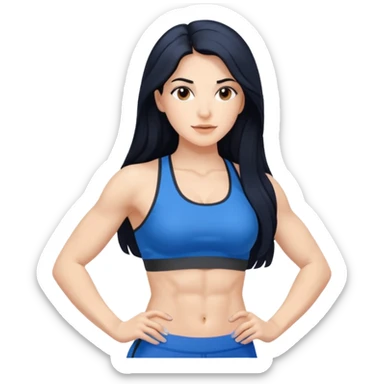 Spanish woman with long black hair, in a blue fitness gym fit with abs sticker