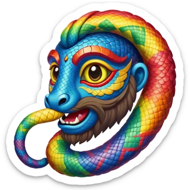 Oxumarê, African deity as rainbow serpent with human face, having a small goatee beard and a beauty mark on the left side below the lip sticker