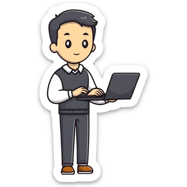 full body male teacher in casual clothes holding a laptop sticker