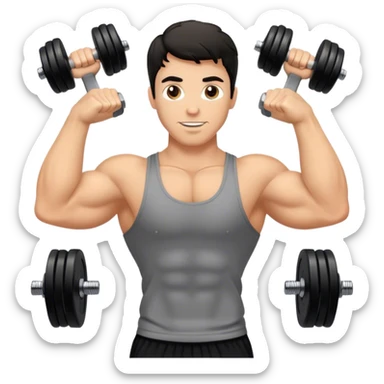 caucasian black haired wavy gym guy with dumbells sticker