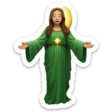 Virgin Mary: kind face looking down at the left, long brown hair, Wearing an emerald green  robe with gold stars and a burgundy red dress,  Hands in prayer or blessing. Halo around her head. standing in front of a big sun. colorful roses on the sides  sticker
