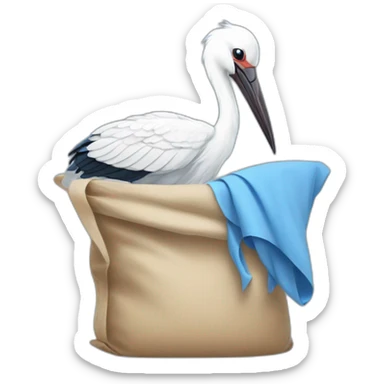 White stork carrying a blue bundle of cloth in its beak that has a human person cute baby human and the human baby head is peeking from the fabric bundle the strok is carrying in its beak sticker