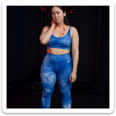 Realistic style edit of the girl identical to the photo with an expression of neck pain and headache: hand on neck, suffering face, pain symbols like red lines or lightning on neck and head. sticker