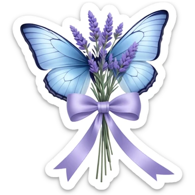 A luxurious satin bow in soft ivory is carefully tied around a bouquet of dried lavender, its delicate texture contrasting with the smooth silk. A single pale blue butterfly with translucent wings perches atop the bow, as if drawn to its quiet beauty. Another butterfly hovers nearby, casting intricate shadows over the fabric folds. sticker