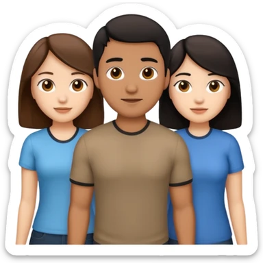 three people, one white girl with brown hair, one hispanic man with dark hair, and one tan asian woman with black hair, as a poly couple emoji sticker