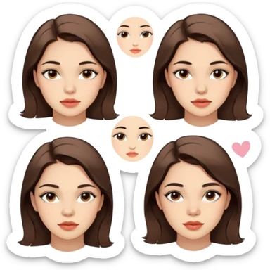 Create a set of stickers featuring a young woman (approximately 18–25 years old) with the following details:
 • Facial Features:
 • Light skin with subtle acne or blemishes on the cheeks and jawline.
 • Expressive eyes with delicate, defined eyeliner.
 • Medium fullness lips.
 • Hair:
 • Dark or light brown hair styled neatly (for example, pulled back or styled in a simple, tidy manner).
 • Makeup:
 • A natural and light makeup look emphasizing her eyes and lips.

The sticker set should capture a variety of emotions and expressions while maintaining a consistent and recognizable look:
 1. Cheerful smile.
 2. Joyful laugh.
 3. Playful wink.
 4. Surprised expression.
 5. Sad or disappointed look.
 6. Angry or annoyed expression.
 7. Quirky or silly facial expression.
 8. Calm and composed expression. sticker