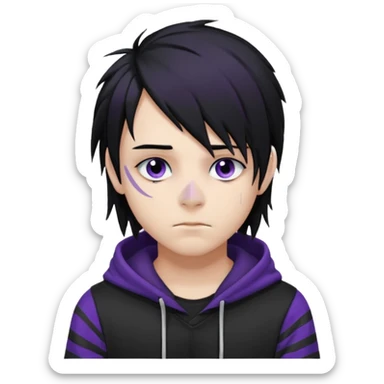 emo teen boy with long one-side messy black hair, dark hoodie with white and purple striped sleeves, piercings on his nose, dark eyeshadow sticker