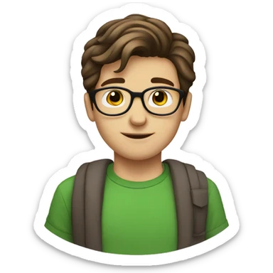 male nerd brown hair heart with hand using green t-shirt sticker