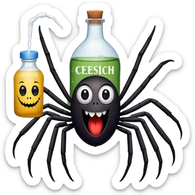 wesoły śmieszny pająk z butelka jadu i podpisem cześć sticker