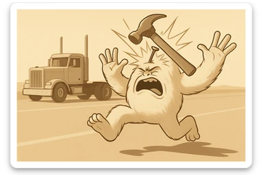 Add a comic-style impact effect where the hammer hits the abominable snowman, remove any blue color from the abominable snowman. Keep the side view, flattop semi with chrome stacks far behind, light and realistic style, no text. sticker