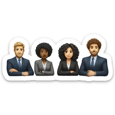 work meeting table 3 men and 4 women sitting on a table wearing suits the women have curly hair and one of the men is fat with a beard and of them is tanned with curly hair sticker