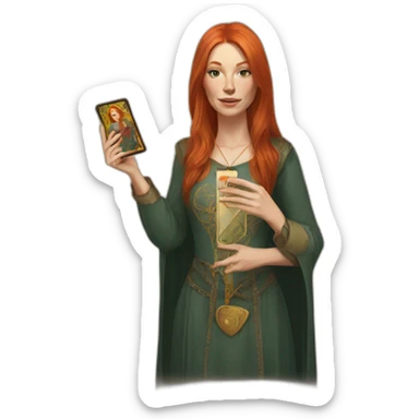 redhead white woman medium long straight hair, holding a tarot card in her hand sticker