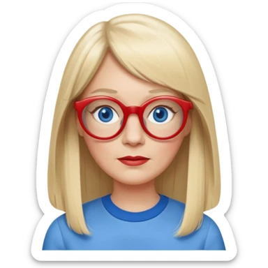 50 yr old white woman, pale skin, long straight blond hair parted in center, blue eyes, bangs, clothes for school, big red glasses, oval face, long face sticker
