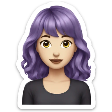  one white girl with eyeliner, mid length hair wavy, purple hair, bangs, holding iced matcha, dark shirt sticker