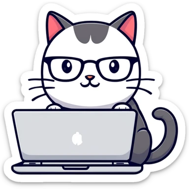 cartoon cat with glasses coding on a laptop sticker