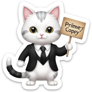 A cat in a black business suit holds a sign with the inscription "PrimeCopy" with one paw and shows a like with the other paw sticker