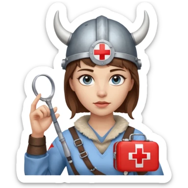 A young woman with beautiful blue eyes, short brown hair shaved on the sides, giving her a Viking look and a horned helmet. She holds a medical kit with a red cross icon in her hand. A stereoscope hangs around her neck. sticker