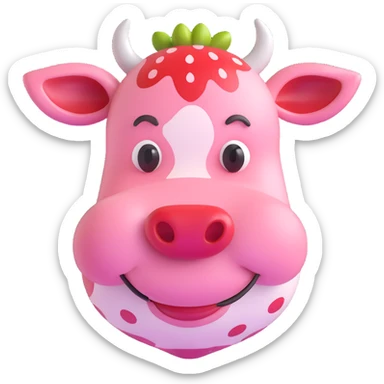 3D emoji style strawberry cow, round and glossy, pink with red strawberry spots, smiling sticker
