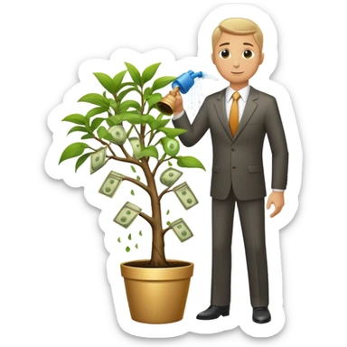 Businessman in suit watering a money tree with growing coins and dollar signs sticker