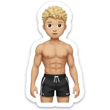 Ripped, athletic man with thick neck, high top fade with no part, curly hair only top only, no shirt and show waistline up, white male, black shorts and more man face, blonde hair sticker