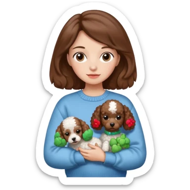 A girl with brown hair in an aestheic jumper holding a poodle sticker
