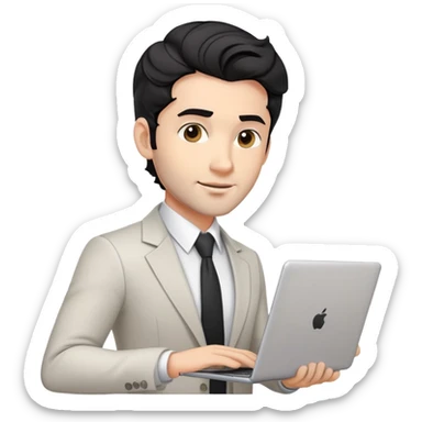 Professional 35-year-old man with black wavy hair, stubble, strong jawline, white skin tone, wearing smart casual business attire, holding a laptop, with a confident approachable expression sticker