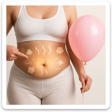 Realistic style edit of the woman identical to the photo with a protruding abdomen. Include symbols of bloating such as curved lines, small clouds, or a glow around the abdomen area. sticker
