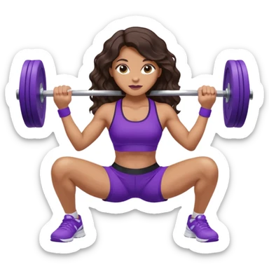 mujer de tez trigueña, con cabello castaño oscuro ondulado con pequeñas ondas, con el cabello super largo hasta las rodillas estilizado, con ropa deportiva morada/lila, tenis blancos deportivos y levantando una pesa sticker