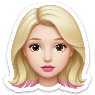 Woman with white tes, pink lips, slightly pink cheeks. Blonde hair with a slightly dark root, straight but wavy hair.  sticker