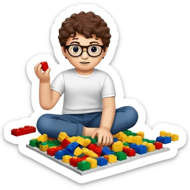 A young boy with short curly brown hair, round glasses, and a light complexion, playing with LEGO bricks on the floor. sticker