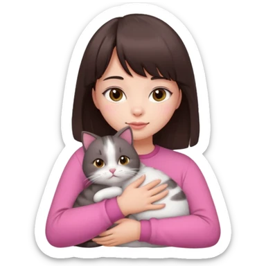 beautiful woman with dark brown straight hair and bangs, brown eyes wear a pink clothes, and white skin hugs a cute chubby cat sticker