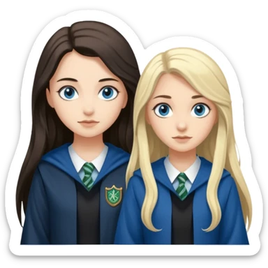 a pretty ravenclaw girl with long dark brown hair and blue eyes standing with a pretty Slytherin girl with long blonde hair, blue eyes sticker