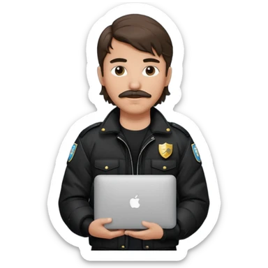 generate an ios genmoji of a 20 year old boy with shoulder length hair and a mullet. cop mustache. carrying a macbook and wearing a puffer jacket sticker