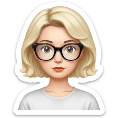white woman about 50 years old with light warm skin, wide face, black wavy neck-length 80s short hair, low volume, neutral expression, large black shiny butterfly or cat-eye glasses, white casual t-shirt sticker