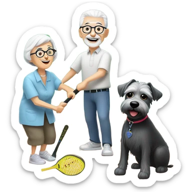 A small grandma with short grey hair and glasses, and a thin grandpa with a short white beard and glasses, playing pickle ball with their small black and white schnauzer puppy sticker