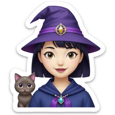 An Asian short-haired girl with short raven hair and bangs, with heterochromia eyes(her left eye is silver coloured and her right eye is dark brown coloured), cat-eyed eyeliner, and laughs with a tiny fang of mauve-toned lipstick, wears a dark navy wizard hat with an emblem on it. sticker