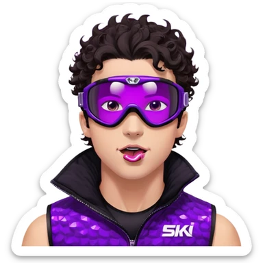 close-up of cool guy male athlete with white skin and moderately curly dark brown hair on top with shaved sides, with one purple ski goggle lens pushed up above his eyes on his forehead, sticking his tongue out of his mouth, a simple plain black chain necklace, and a completely unzipped sleeveless vest with purple and black sequin fire pattern design with no logo sticker